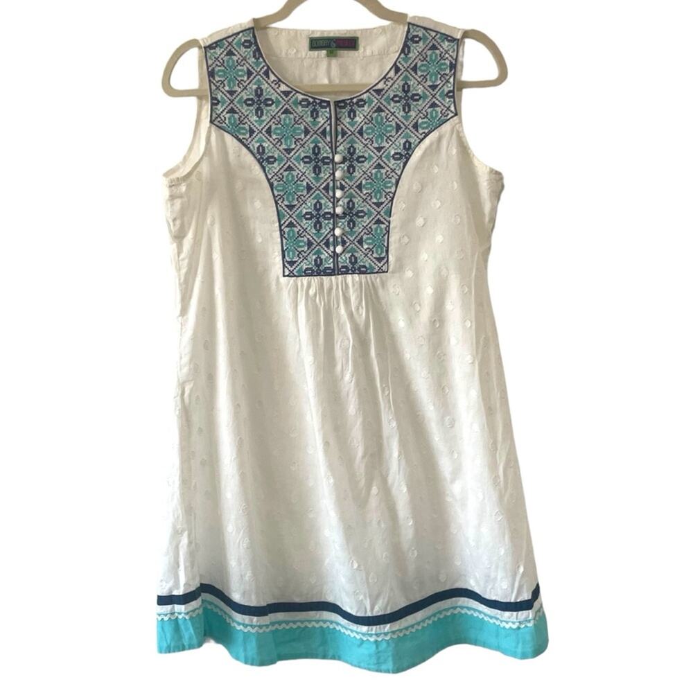 Bombay Paisley Blue White Embroidered Boho Tunic Dress Size Medium